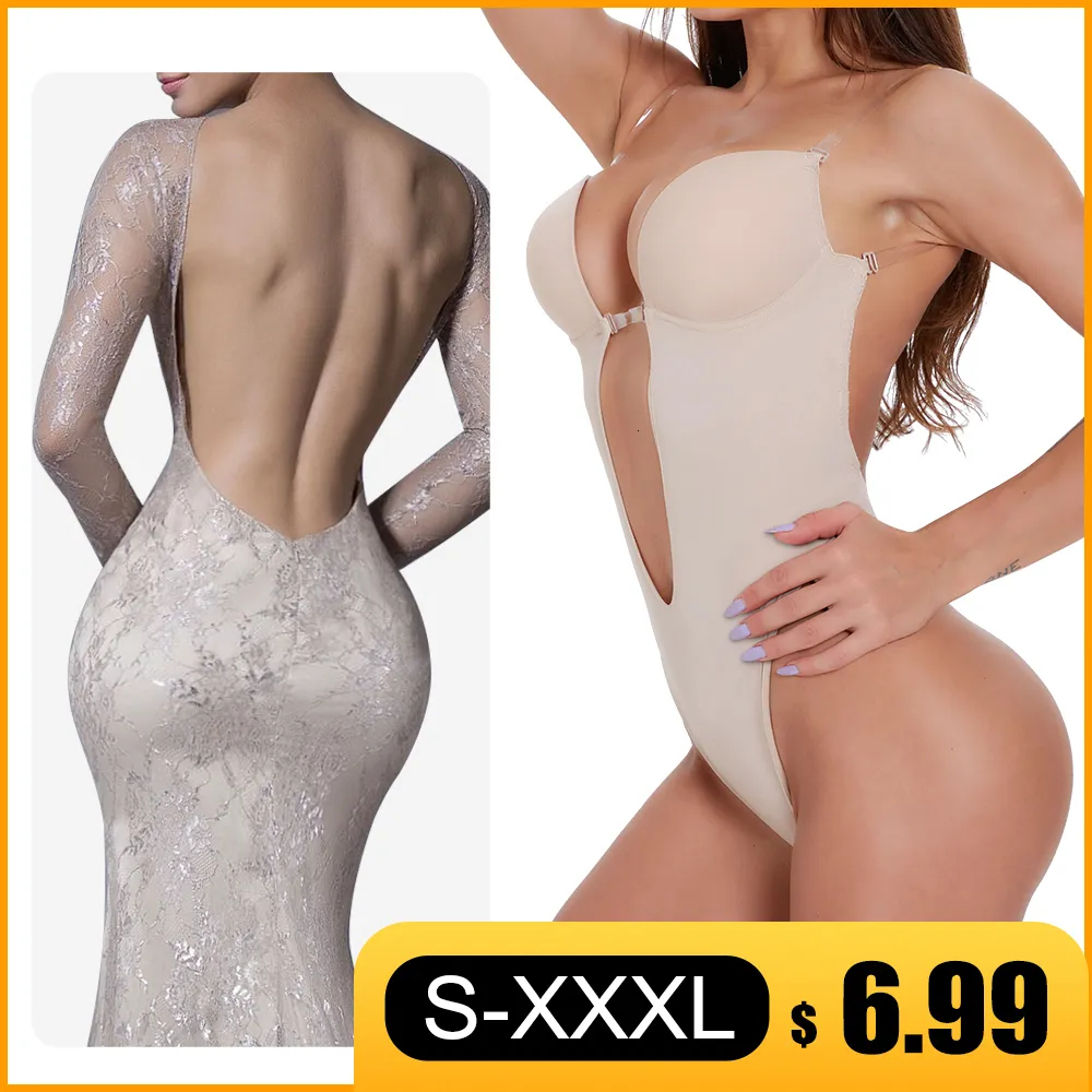 Modelador de cintura modelador de corpo sexy modelador feminino sem alças com decote em V profundo invisível sem costas sutiã tanga modelador para mulheres modelador de cintura espartilho 230701