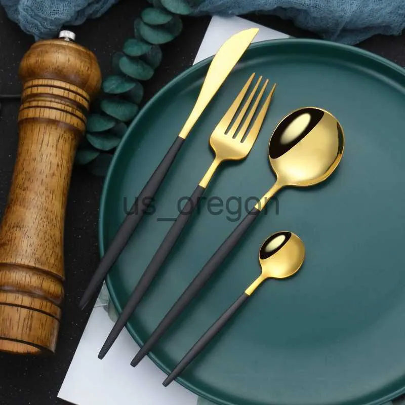 Dinnerware Sets Mirror Black Gold Stainless Steel Cutlery Set Christmas Tableware Dinnerware Set Coffee Ice Dessert Tea Spoons with Long Handle x0703