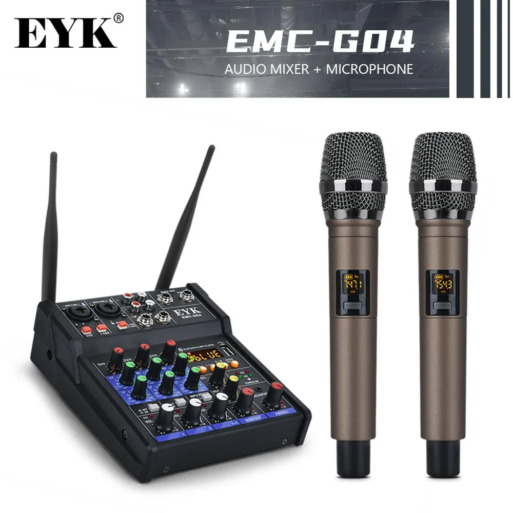 Gitarre Eyk Stereo-Audio-Mixer Buildin Uhf Wireless-Mikrofone 4-Kanal-Mischkonsole mit Bluetooth-USB-Effekt für DJ-Karaoke-PC-Gitarre
