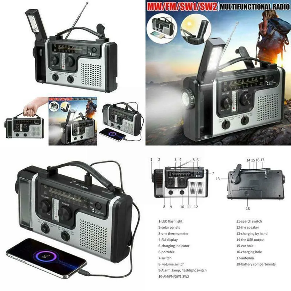 Radio Portable Solar Hand Crank Radio Buildin Högtalare AM/FM/SW1/SW2 Flashlight Bank Telefon Power Outdoor LED Radio Emergency Char K1x4