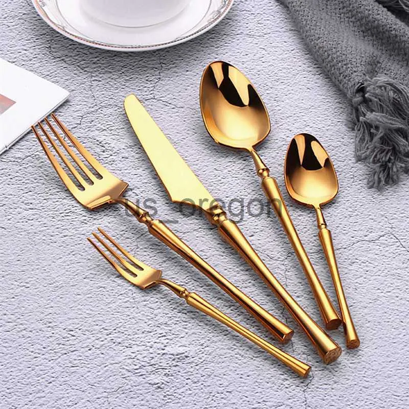 Geschirr-Sets 5 Stück Gold Geschirr Besteck Set 304 Edelstahl Spiegel Gabel Löffel Messer Weihnachtsgeschenk DinnerwareSet Mittagessen Abendessen Set x0703