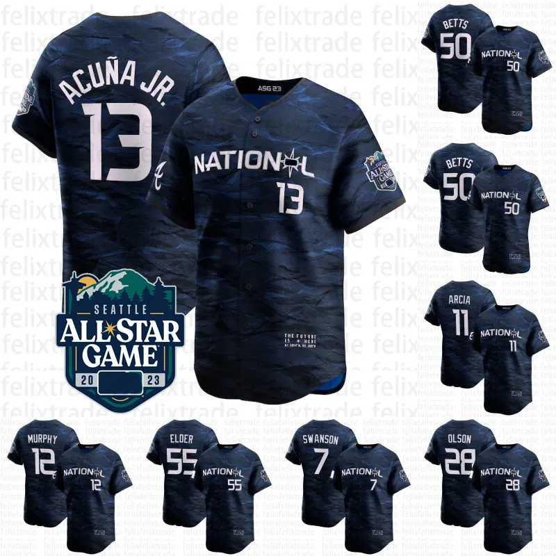 Maillot du match des étoiles de la Ligue nationale 50 Mookie Betts 2023 13 Ronald Acuna Jr. 55 Elder Bryce Arcia Orlando Albies Ozzie Arenado Nolan Carroll Corbin Freeman Freddie