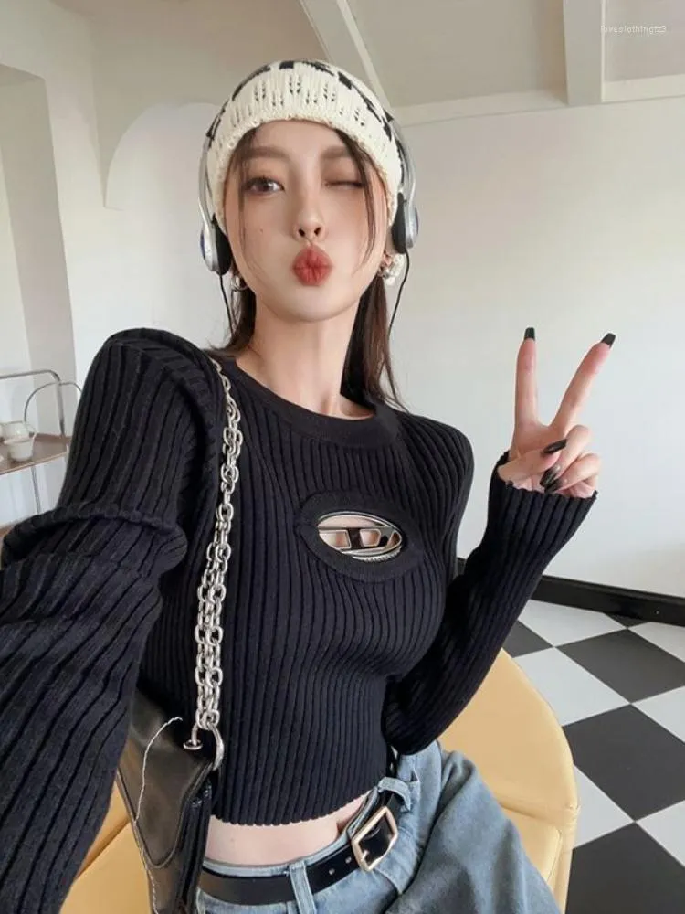 여자 스웨터 딥 타운 한국 패션 크롭 스웨터 여성 빈티지 힙합 섹시한 슬림 중공 출력 캐주얼 세련된 니트웨어 y2k 탑