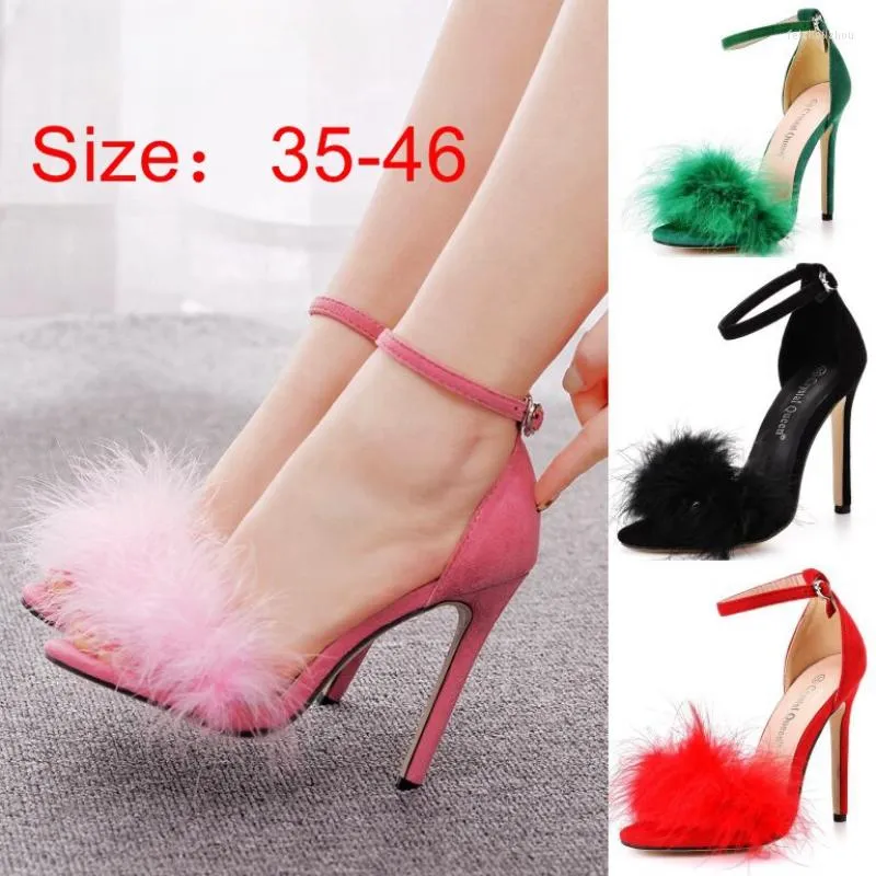 Sexy 368 Sandals Black Women Dress Feather Flock 11Cm High Heel Bohemian British Style Lady Party Shoes Plus Big Size 45 46