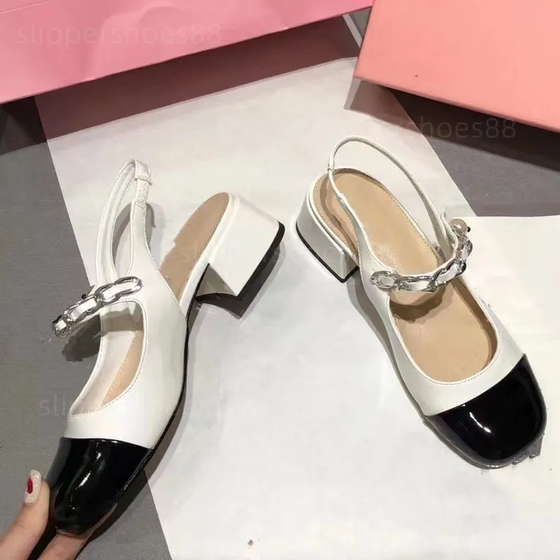 Slingback Heels Pump heels skor dam designer slingback flats balett pumps mary jane skor sandaler vit svart läder miu rund tå chunky blockklack dam skor