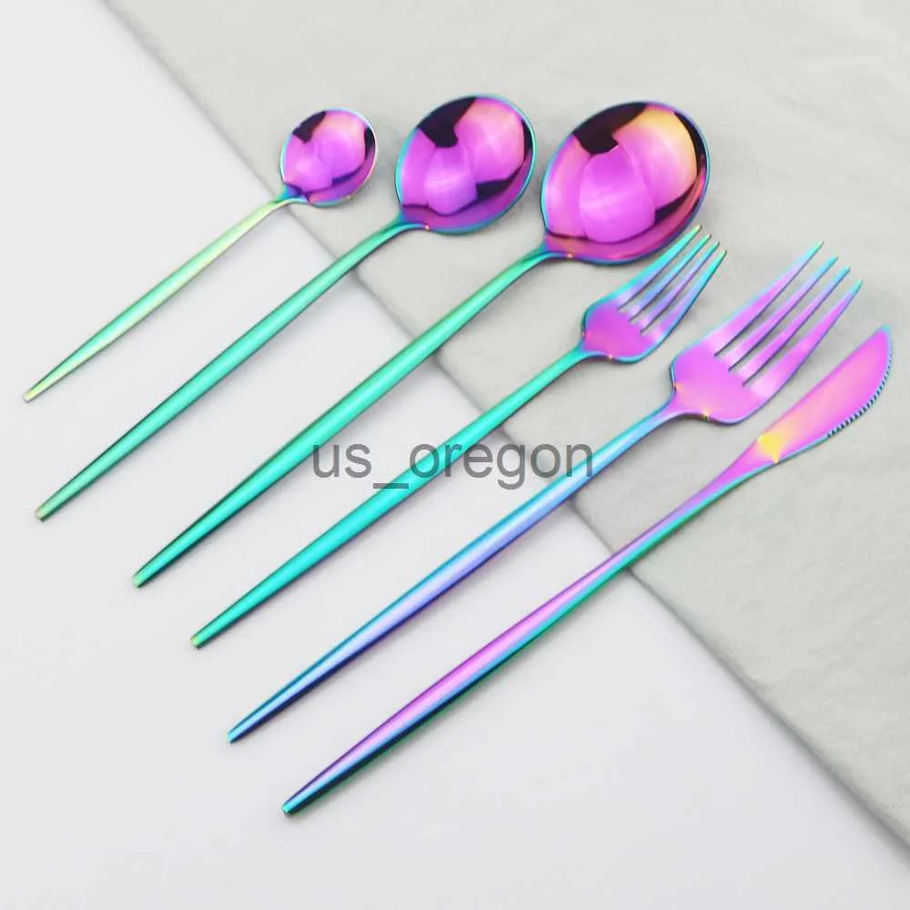 Dinnerware Sets Rainbow Cutlery Set 1810 Stainless Steel Dinnerware Set Knife Dessert Fork Dessert Spoon Dinner Set Kitchen Party Tableware Set x0703