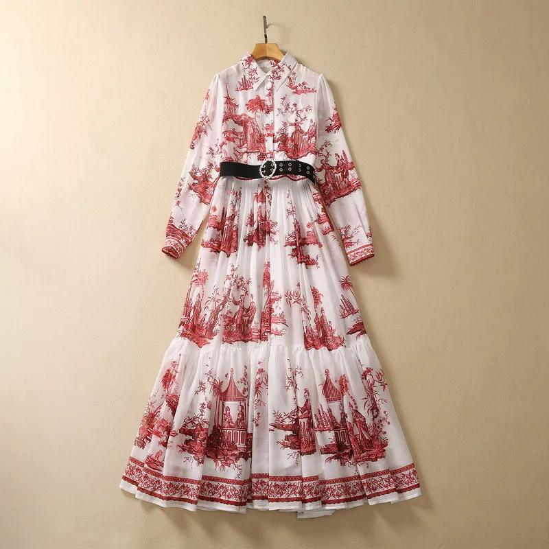 2023 Otoño Rojo Estampado floral Vestido de algodón con cinturón Azul Manga larga Solapa Cuello Paneles Largos Maxi Vestidos casuales S3Q020628 Tallas grandes XXL