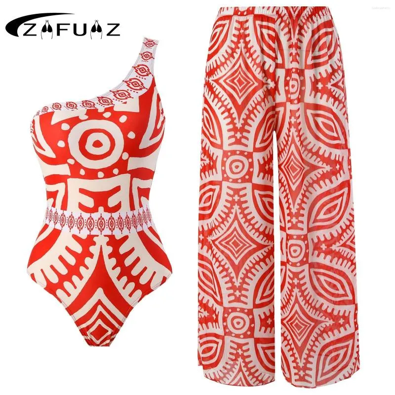 Red Retro One Piece Printed Womens Red One Piece Swimsuit Asymmetrical