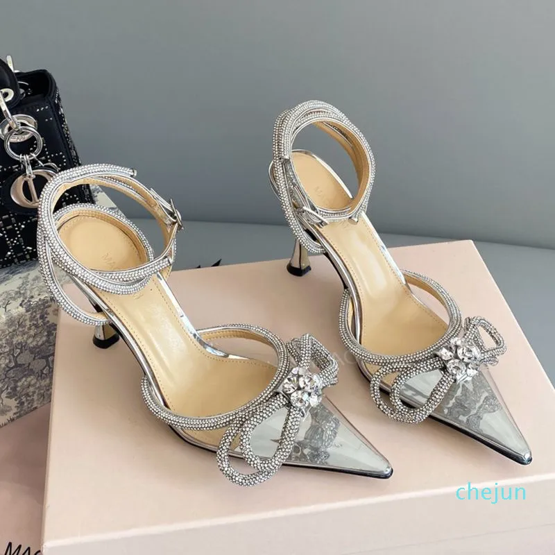 Zapatos de vestir de diamantes de imitación para mujer Sandalias de tacón alto con lazo adornado con cristales Diseñador sexy transparente PVC Pearl drill party slippers 9.5cm tacón zapato de mujer