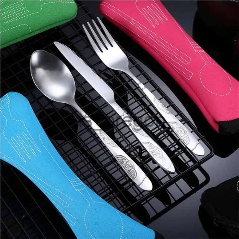 Conjuntos de louça 3 pçs conjunto de louça portátil impresso em aço inoxidável colher garfo bife faca conjunto talheres de viagem talheres com bolsa x0703