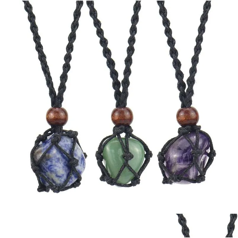 Pendant Necklaces Natural Crystal Stone Braided Adjustable Black Net Pocket Sweater Chain Necklace Healing Reiki Hangings Craft Weav Dhzbh