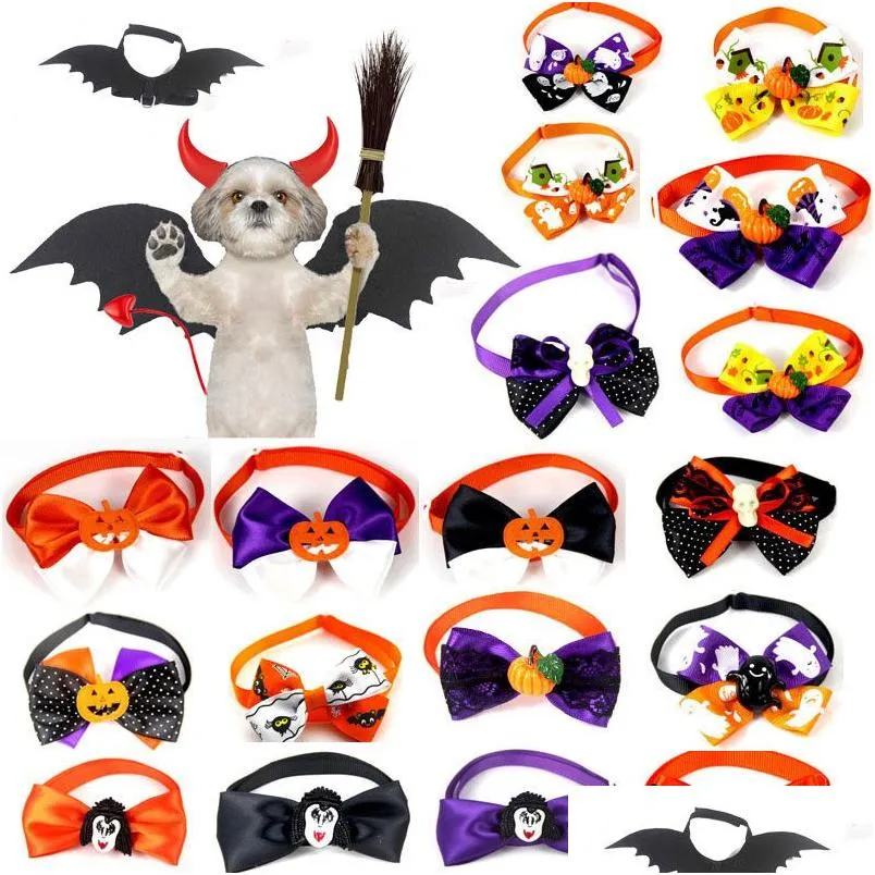 Cat Collars Leads Halloween Pet Bow Tie Pets Dogs Cats Pumpkin Ghost Witch Collar Bowknot Holiday Grooming Supplies Drop Delivery Dhnuu