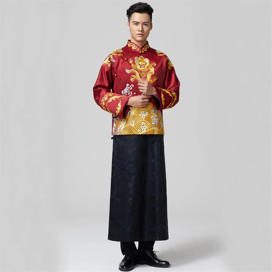 Oriental Element Male Tang Suit Chinese Wedding Robe Bridegroom Chinese Traditionell bröllopsdräkt The Groom Gown Jacket Robe229Z