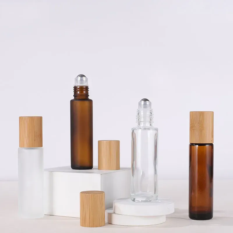 Leere Roll-on-Glasflaschen mit Bambuskappe, Stahlrollerkugel, bernsteinfarbenes, klares Milchglas, Parfümflasche für ätherische Öle, 15 ml