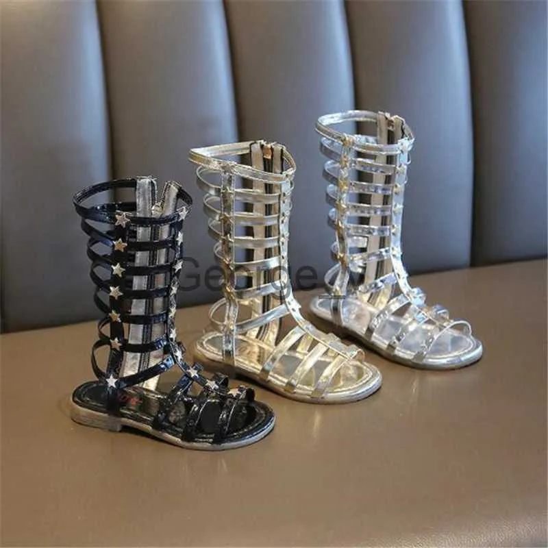 Sandalen Kleine Mädchen Gladiator Sandalen Hohe Niete Römische Schuhe für Kinder Sandalen Leder Sommer Gold Silber Schwarz Kleinkind Babyschuhe J230703