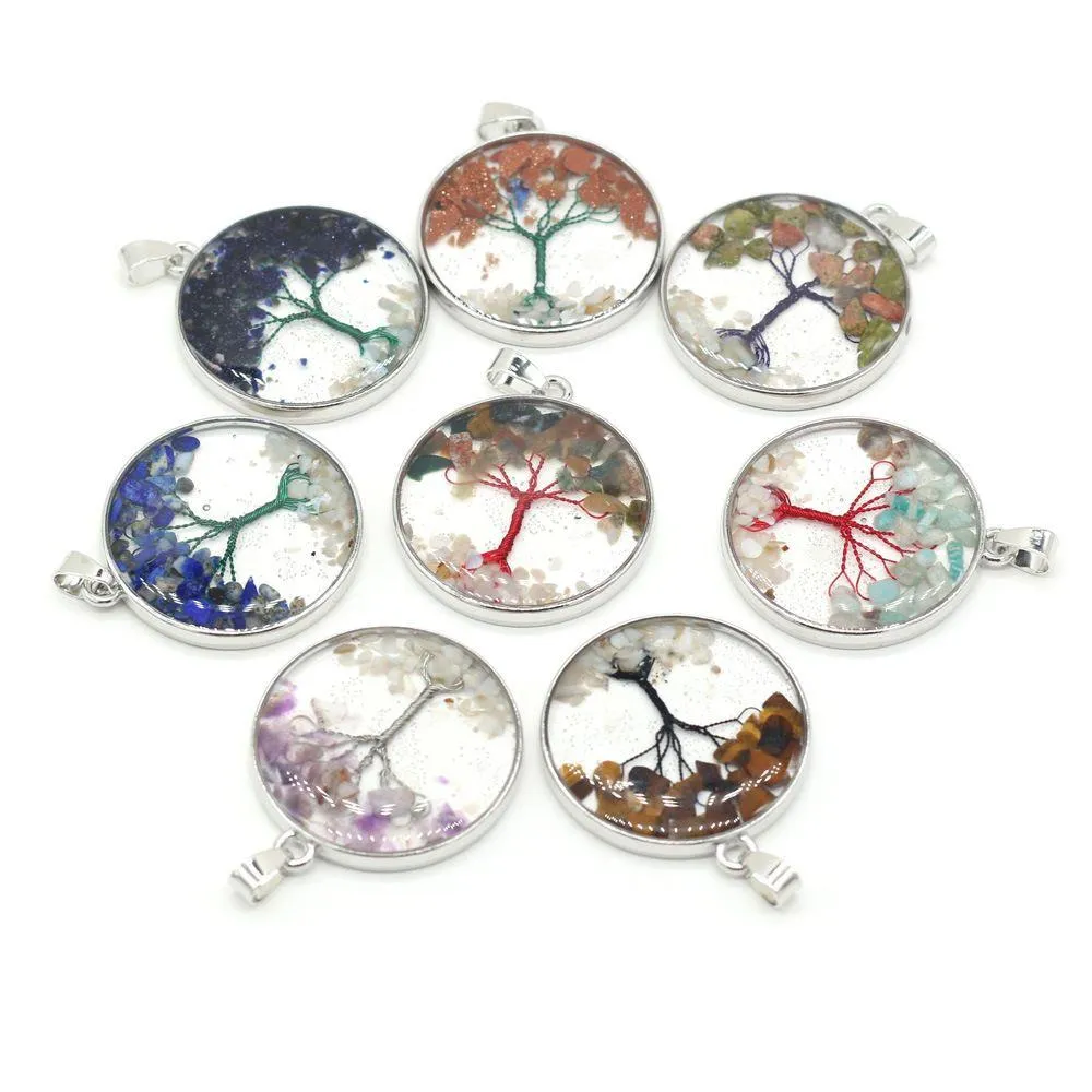 Charms Gravel Natural Stone Tree Of Life Pattern Glass Round Rose Quartz Healing Reiki Crystal Pendant Diy Necklace Earrings Women F Dh9Fr