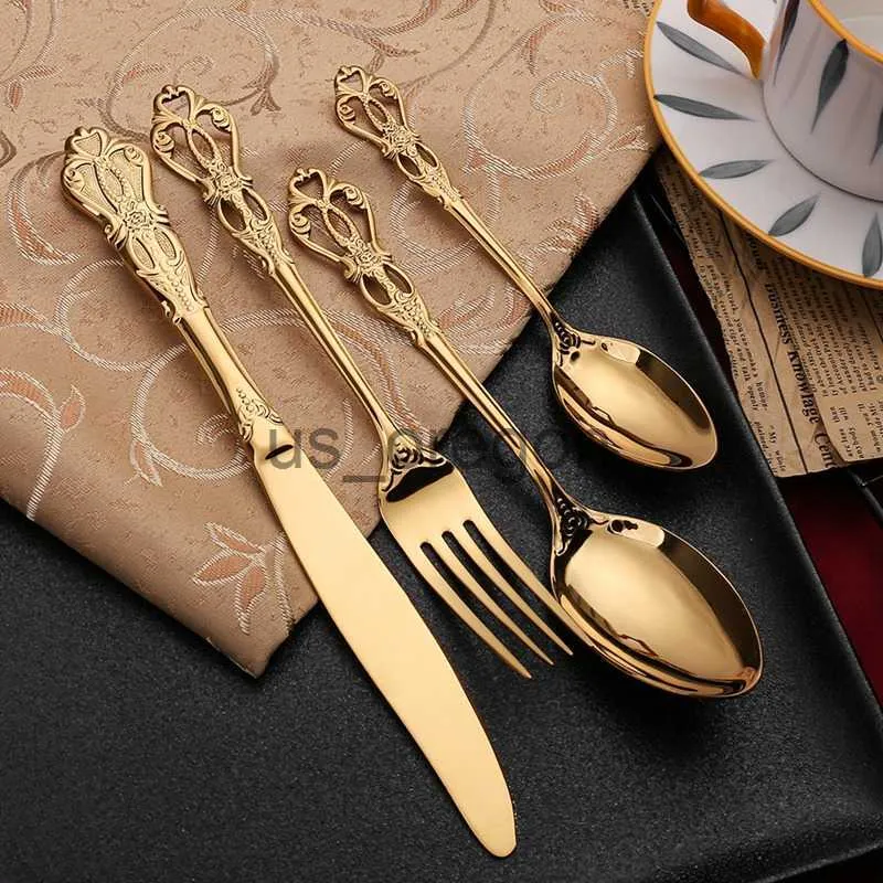 Dinnerware Sets Vintage Western Gold Plated Cutlery Dining Knives Forks Teaspoons Set Golden Luxury Dinnerware Engraving Tableware Utensils Set x0703