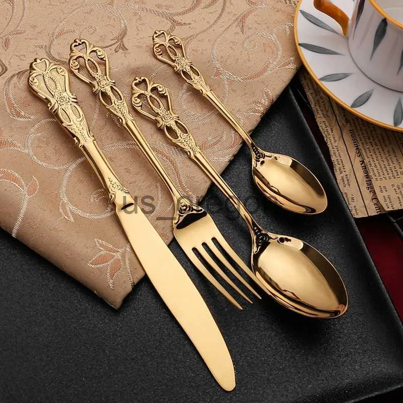 Set di posate Vintage occidentale placcato oro Posate da pranzo Coltelli Forchette Cucchiaini Set di stoviglie di lusso dorate Incisione Set di utensili per la tavola x0703