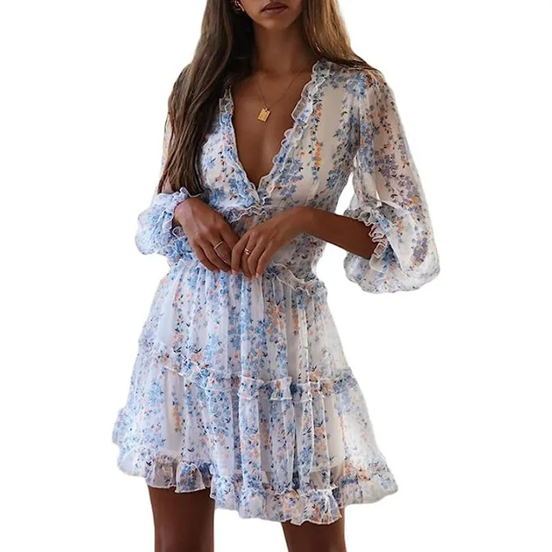 Womens Casual Dresses Spring Summer Deep V Neck Ruffle Long Sleeve Floral Print Mini Dress