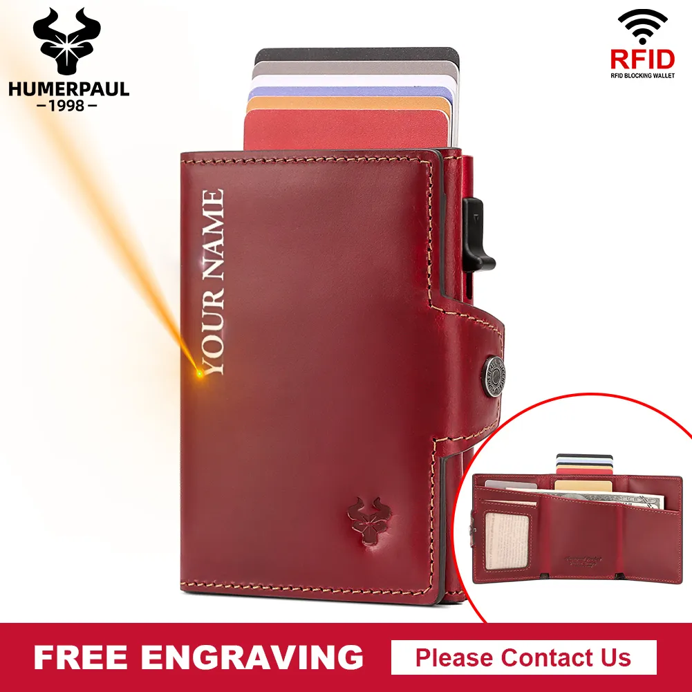 Slim RFID Blocking Credit ID Card Holder Wallet Genuine Leather Aluminum Carteira Masculina for Notes Mini Zipper Coin Purse