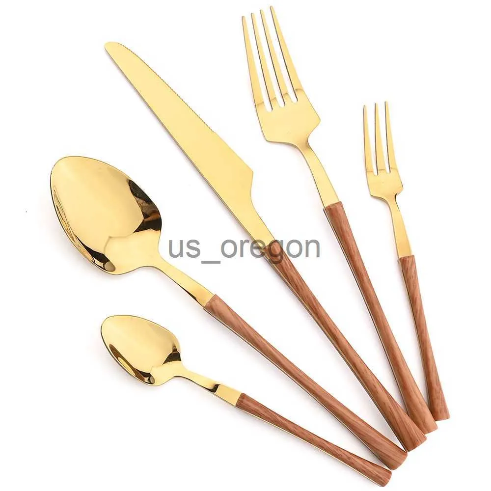 Geschirr Sets 1245 stücke Holzgriff Gold Besteck Set Westliche Küche Edelstahl Geschirr Besteck Set Messer Gabel Löffel Geschirr x0703