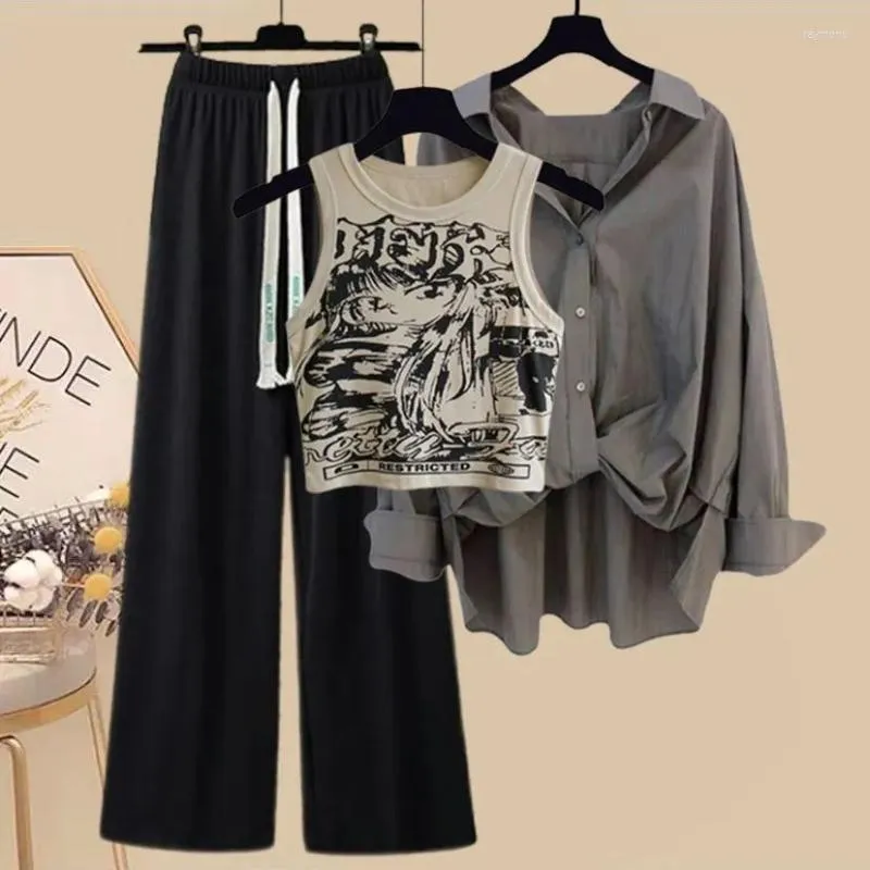 Korean Fashion Retro Slim Stylish Tank Tops And Wide Leg Pants Set