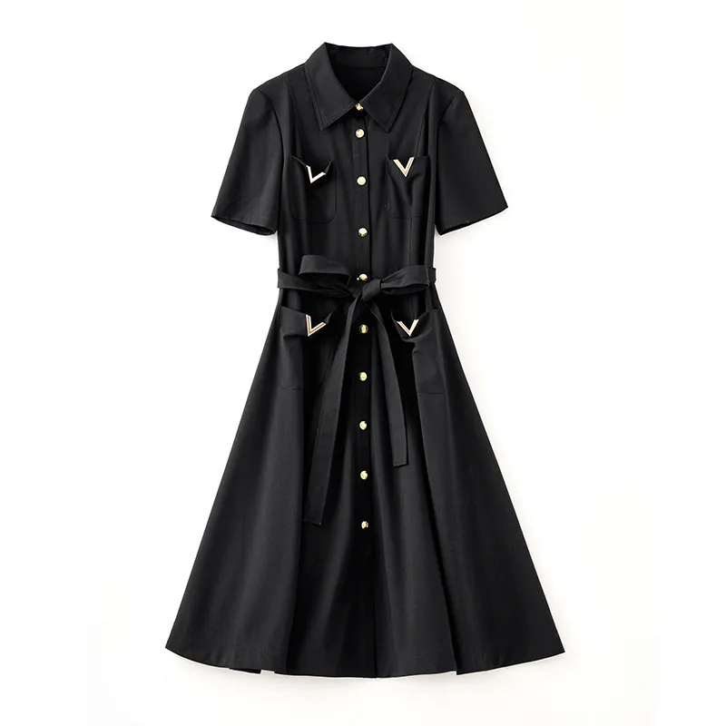 2023 Summer Black Solid Color Waist Belted Dress Short Sleeve Lapel Neck Buttons Midi Casual Dresses W3L049408