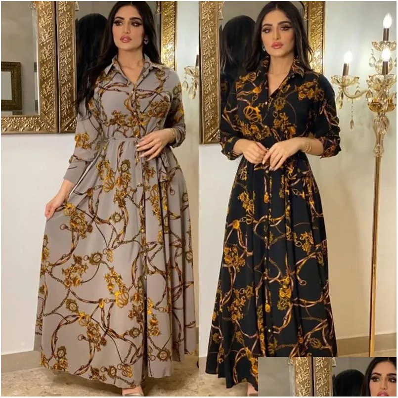 Basic Casual Jurken Mode Frans Elegant Voor Dames Zomer Retro Print Moslim Dubai Abaya Revers Single-Breasted Lange mouw Shir Dhhn3