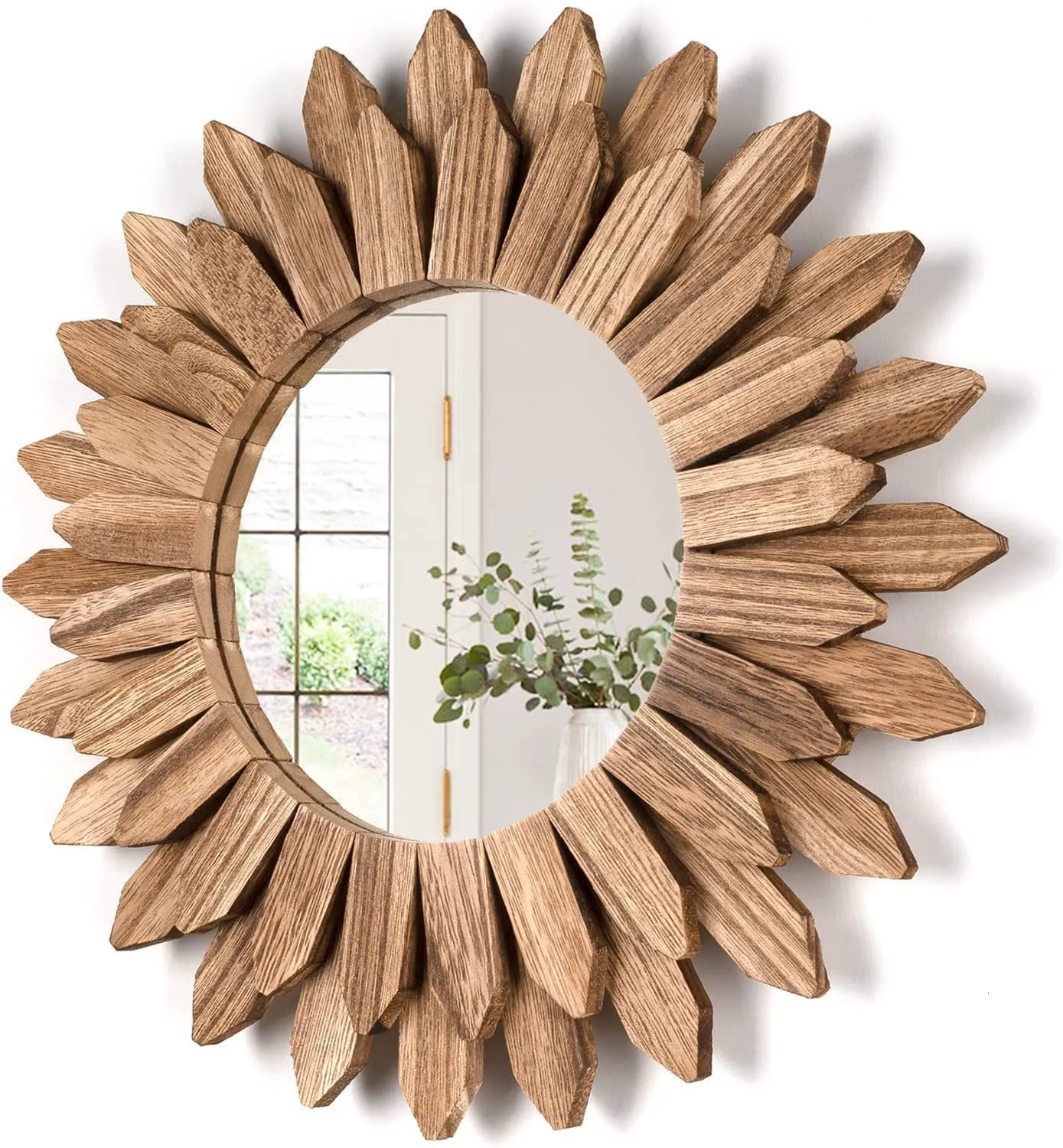 フレーム12インチの壁の装飾鏡素朴な木材サンバーストボーホーのためのベッドルームリビングルーム吊り下げ装飾230701