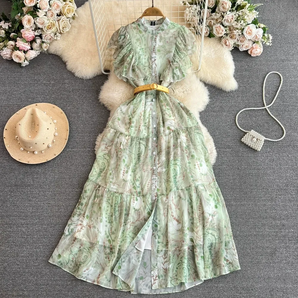 Luxo e elegante mangas voadoras decote em pé cintura única vestido de chiffon estampado evasê elegante vestido longo de grande balanço