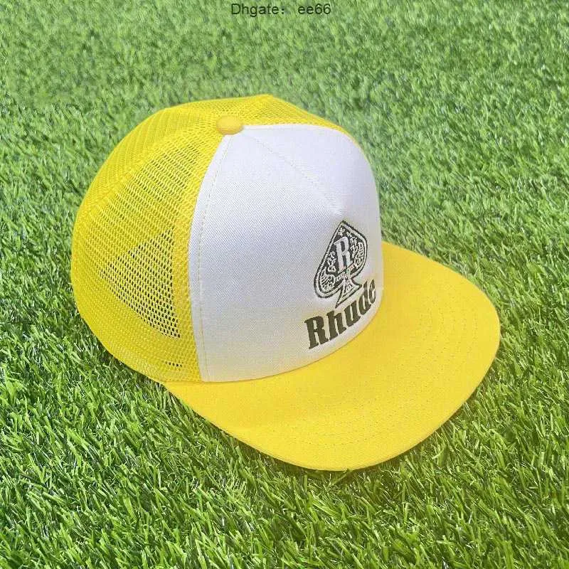 Kulkepsar Lyxigt märke högkvalitativt gul Mesh Rhude-hatt Män Kvinnor Broderi Solskydd RHUDE Baseballkeps GZO2