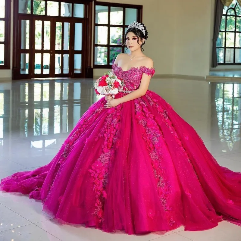 Rose Red Princess Ball Gown Quinceanera Dresses Off Shoulder 3DFlowers Appliques Beading Sweet 16 Dress Vestidos De 15 Anos Lace-Up