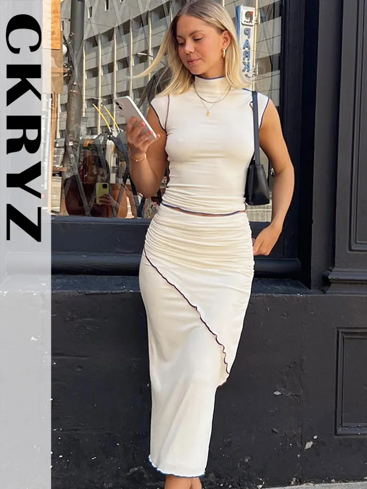 Two Piece Dress Ladies Sexy Club Wear Y2K Summer Fastival Outfits For Women 2 Pieces Sleeveless Crop Top And Long Skirt Set Vacation Streetwear 230630