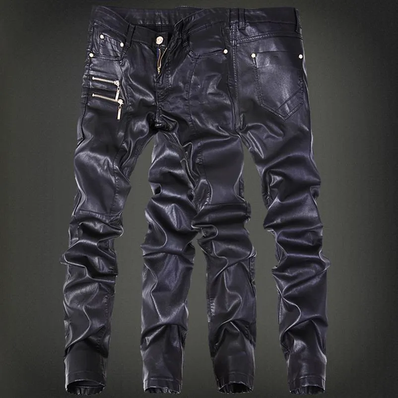 Whole- Winter Motorcycle Pantaloni da uomo in pelle rock con cerniere Black Faux Tight skenny Plus taglia 30 31 32 33 34 36 Pantaloni punk2756