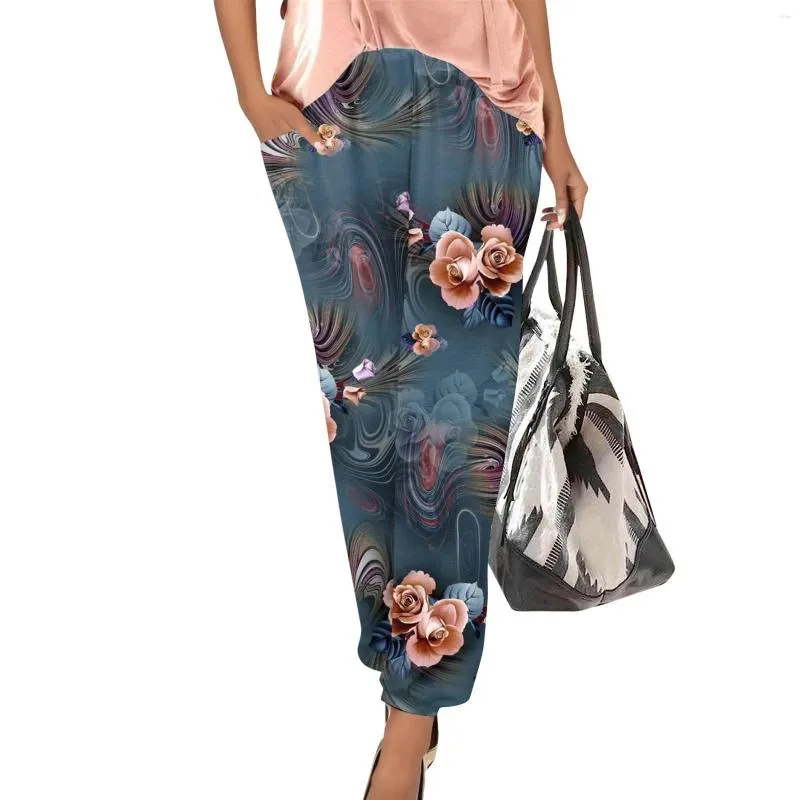 Calças femininas de verão soltas respiráveis estilo boêmio elegante bolso casual