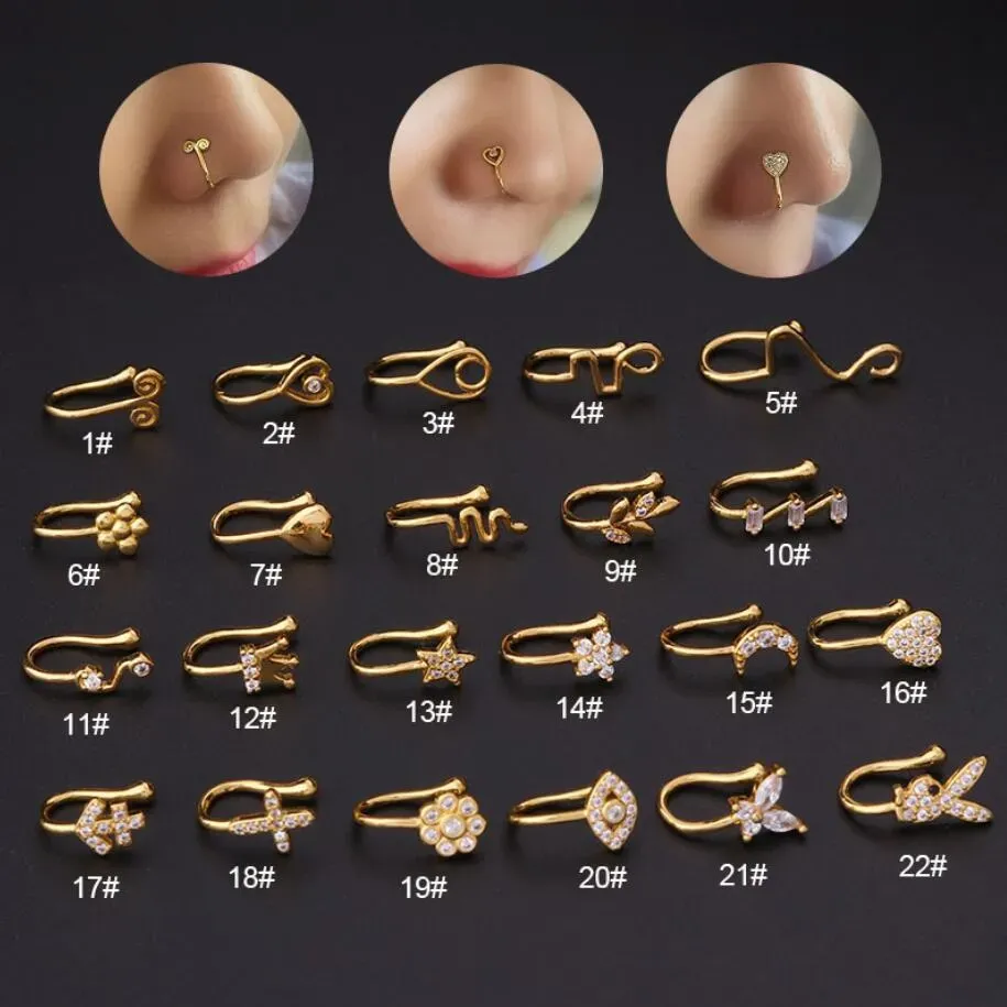 Gold Fake Piercing Clip Nose Ring Cuff Body Jewelry for Women New Trend Ear Cuffs Heart Cross Flowers Clip Nose Rings 22 styles