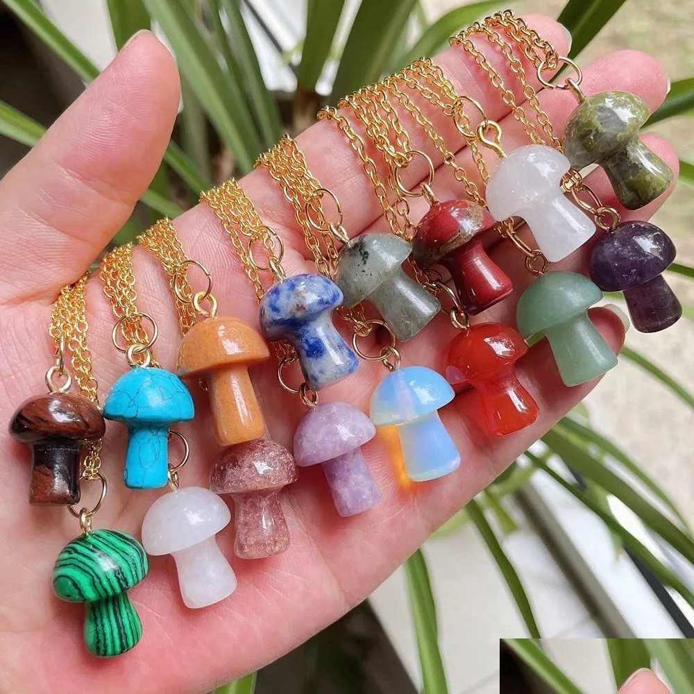 Pendant Necklaces Healing Natural Crystal Necklace Lovely Mushroom Charm Carnelian Opal Pink Purple Fashion Women Jewelry Drop Deliv Dh4Fh