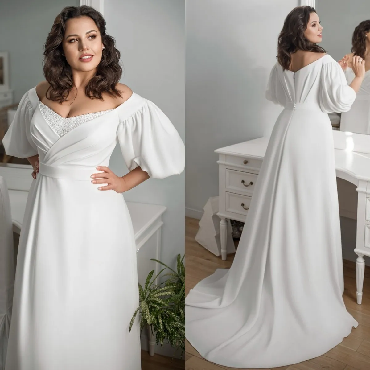 Plus Size Elegante Trouwjurken Lange Lantaarn Mouwen Jersey Bruid Jurk Vestidos de Novia Bruidsjurken Sweep Trein