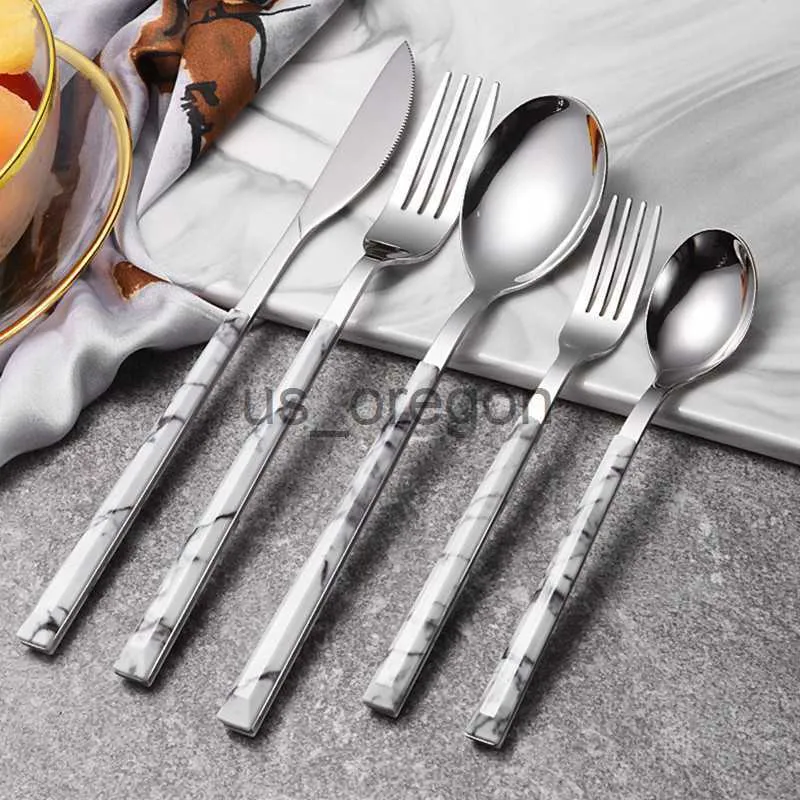 Serviser Set Marmor Handtag Rostfritt stål Silver Servis Western servis Steak Kniv Gaffel Dessertsked Bestick Köksredskap x0703