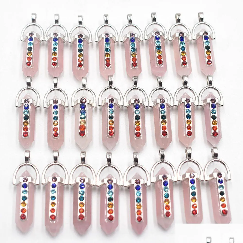 Hanger Kettingen Natuursteen Hangers 7 Chakra Strass Rozenkwarts Hexagon Prisma Bedels Voor Sieraden Maken Ketting Accessorie Dha0V