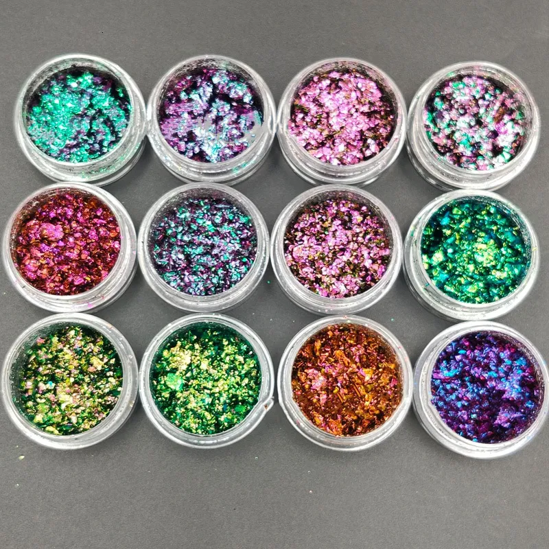 Çıkartma Çıkartmaları 12 Kavanoz Set Chameleon Pul Renk Değiştirme Ayna Krom Pigment Çok Renkli Tırnak Pulları Galaxy Glitter Koleksiyonu IU67 230703