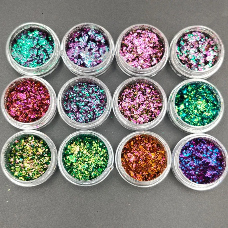 Stickers Stickers 12 Jars set Caméléon Flake Couleur Changeante Miroir Chrome Pigment Multi Couleurs Nail Flakes Galaxy GLITTER Collection IU67 230703