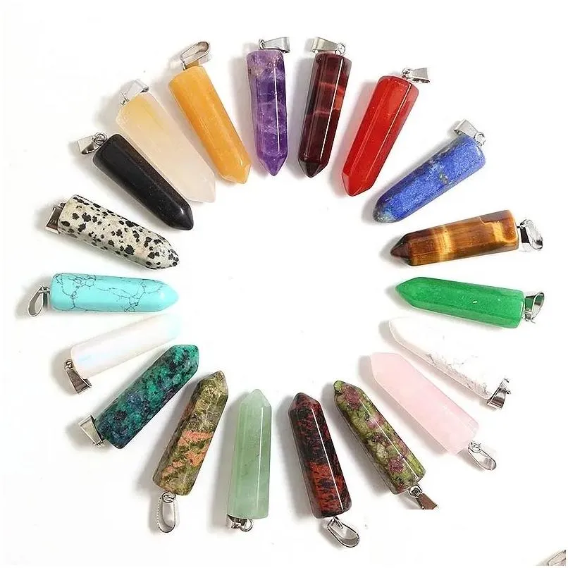 Charms Natural Stone Hexagon Quartz Pillar Shape Charm Pendant Crystal Healing Gemstone Earring Necklace For Jewelry Making Drop Del Dhx47