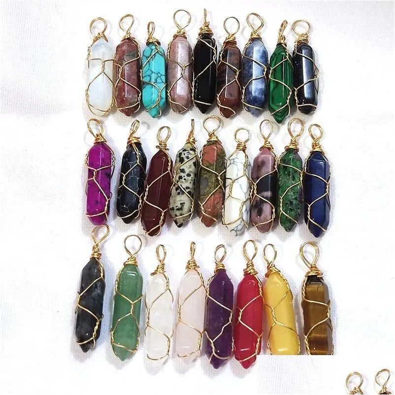 Charms Gold Wire Wrap Natural Stone Rose Quartz Mixed Pillar Shape Point Chakra Pendants For Smycken Making Wholesale Handmade Craft DHQJ9