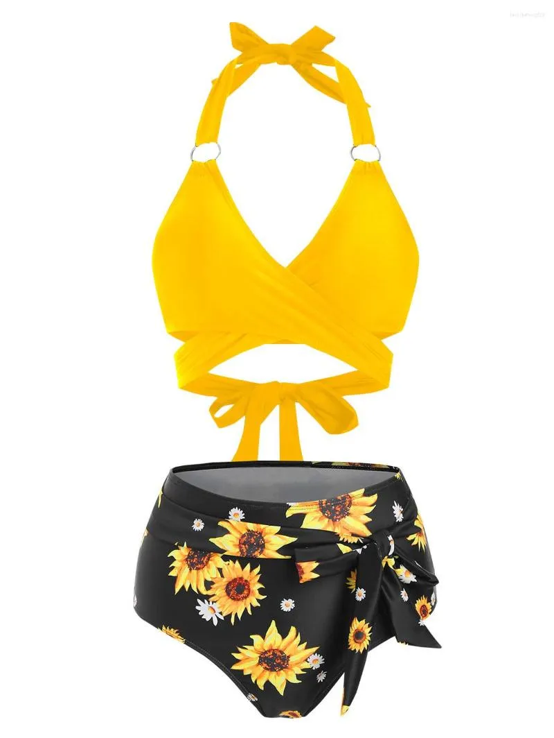 Costume da bagno da donna Anello Girasole Nodo Bikini avvolgente a vita alta Costume da bagno a due pezzi Ragazza Costume da bagno da spiaggia Biquinis Wear