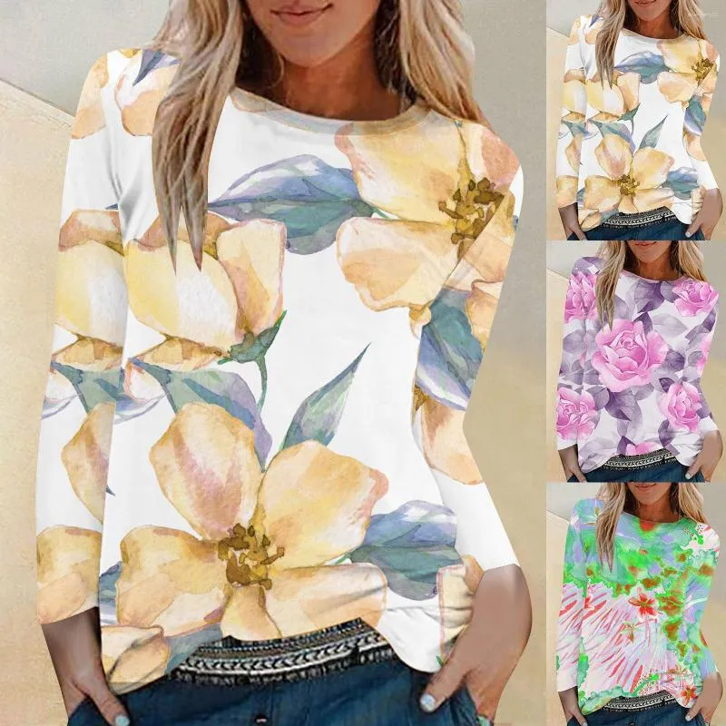 T-shirts för kvinnor Långärmade blommönster med rund hals modeskjorta Topp lång mock turtleneck kvinnor