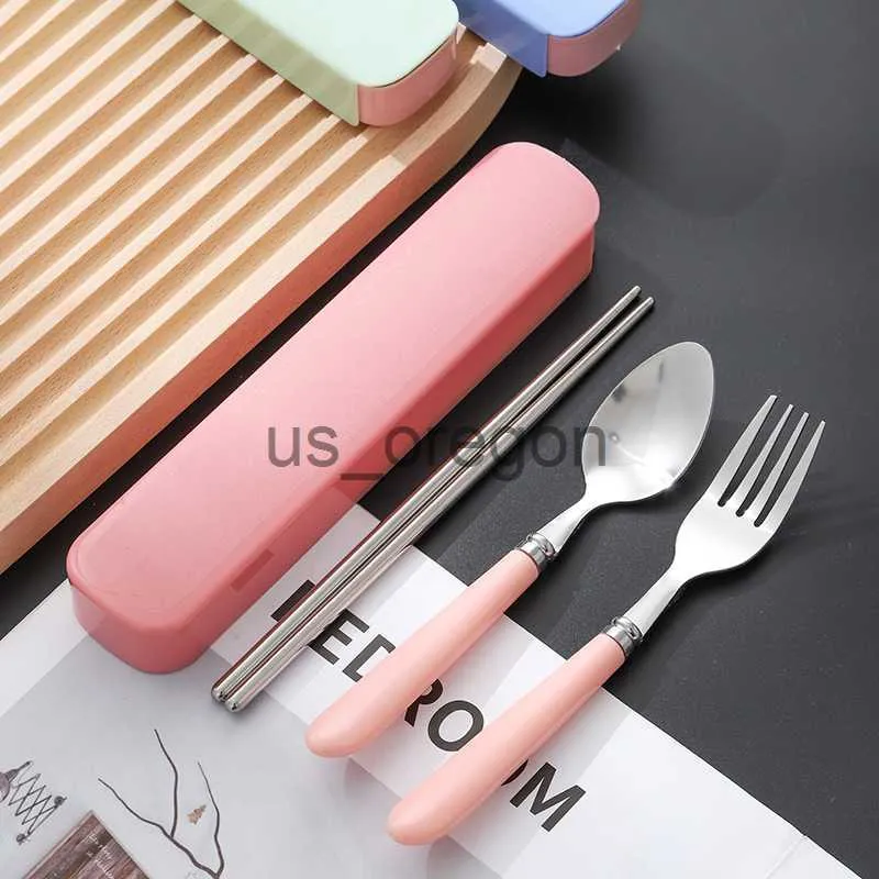 Dinnerware Sets Spoon Fork Chopstick Cutlery Set Lunch Tableware With Box Portable Travel Use Dinnerware Kit Stainless Steel Kitchen Accessories x0703