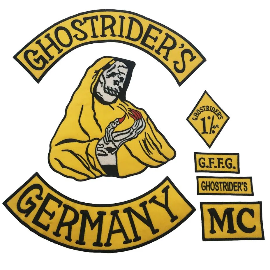 Recién llegado, 7 Uds., conjunto de GHOSTRIDER'S GERMANY, parche bordado de hierro para coser en la espalda, parche de motorista para chaqueta, chaleco, parche 302P