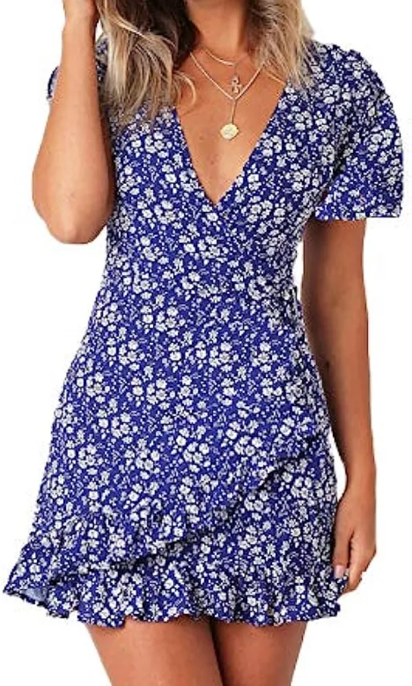 Summer Fashion Women Casual Dresses Short Sleeve Print Dress V Neck Casual Short Dresses