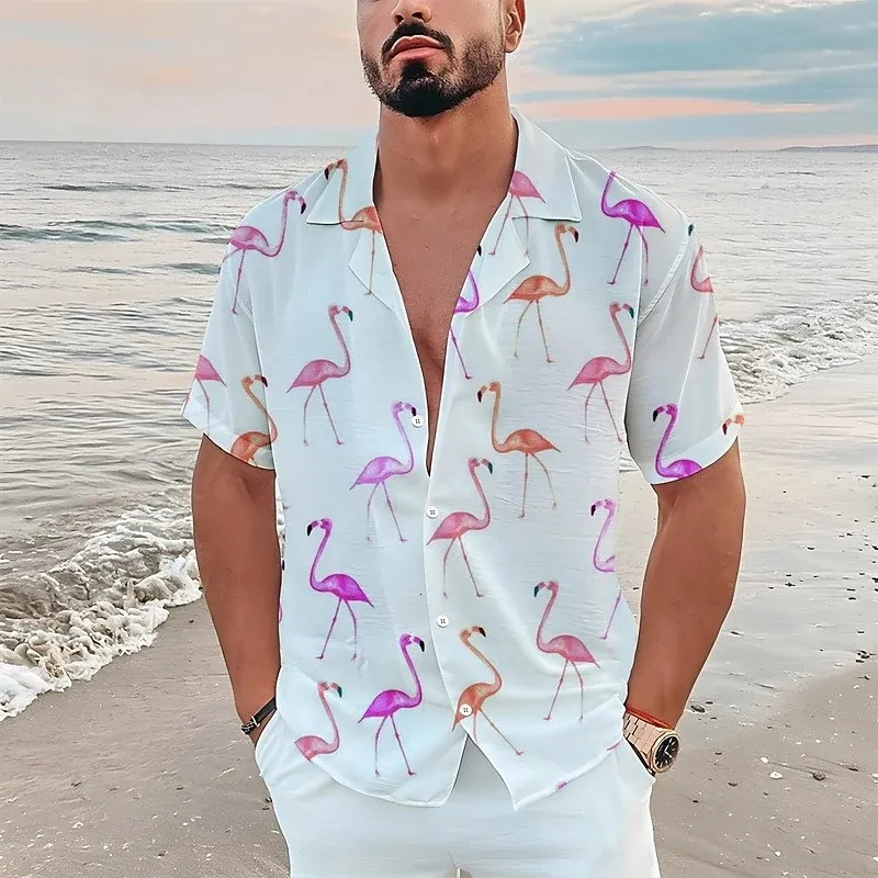 Mężczyznowe dresy hawajskie koszula moda lapel z krótkim rękawem topy plażowe wakacje w stylu wakacji flaming nadruk dla mężczyzn Casual Overized T Shirt 230703